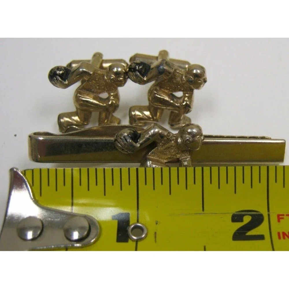 Vintage MOD 1960s Bowling Bowler Men's Cuff Links & Tie Clasp Clip Set Rare